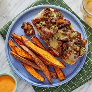 Beef & Cheddar Baguettes with Roasted Sweet Potatoes & Spicy Ranch