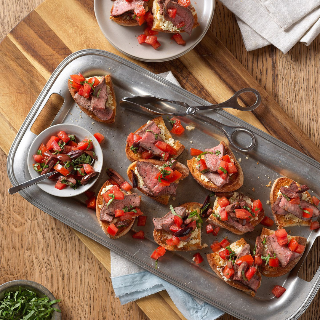 Beef Bruschetta with Roasted Garlic-Feta Spread